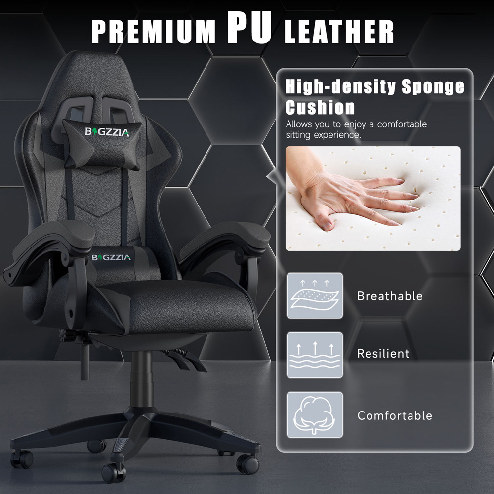 Rattrix Grey PU Leather Reclining High Back Gaming Chair with Headrest and Lumbar Support Image 5