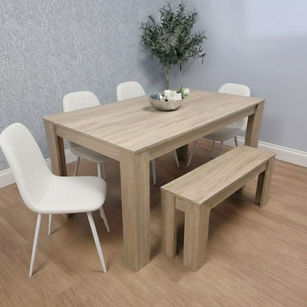 Kosy Koala 6 Seater Faux Leather Dining Bench Set Oak Effect and Cream Image 2