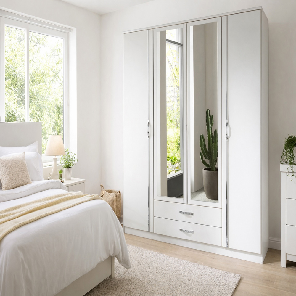 TJ'S Clack 4 Door 2 Drawer White Mirrored Wardrobe Image 4
