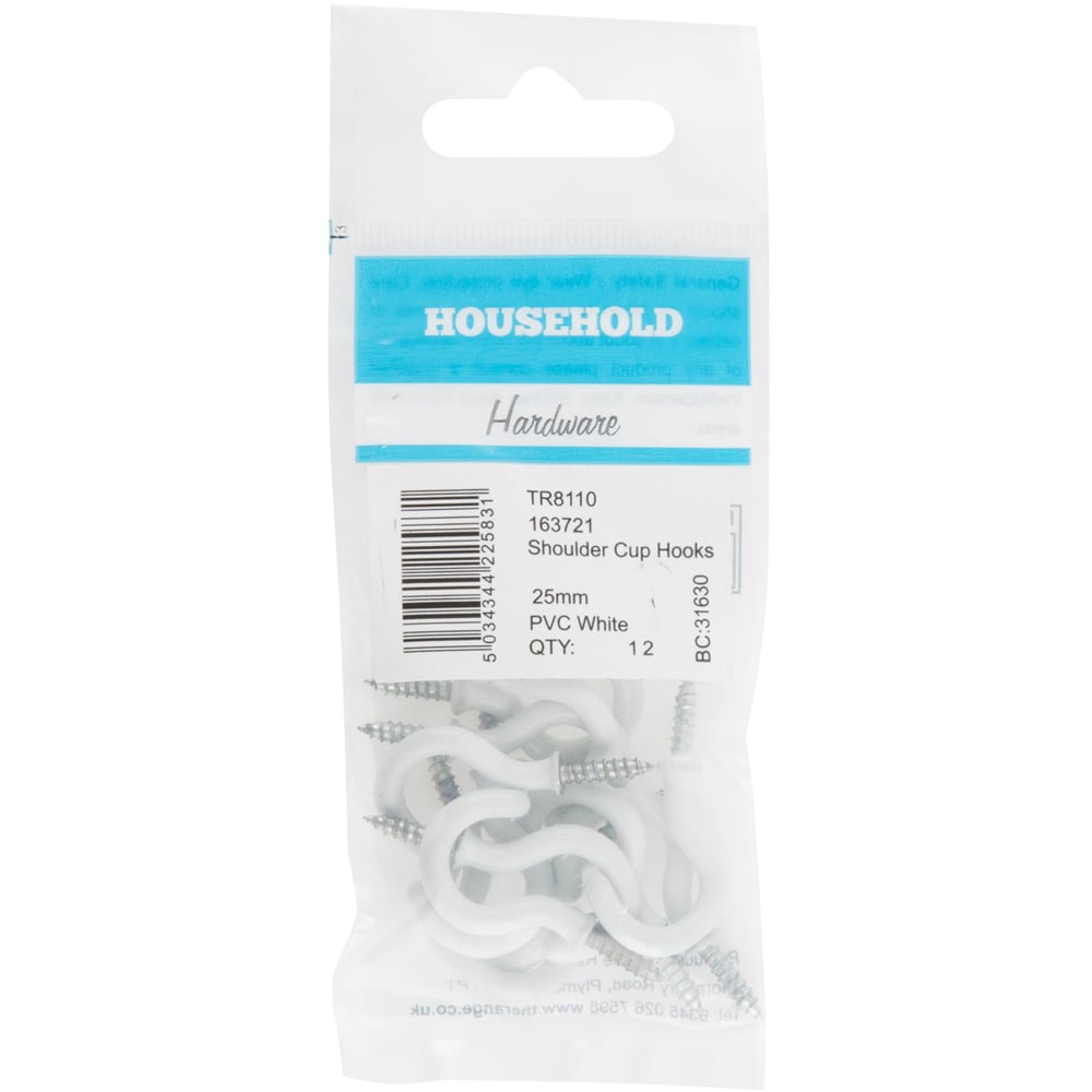 Hiatt 25mm White Shouldered Cup Hook 12 Pack Image 1
