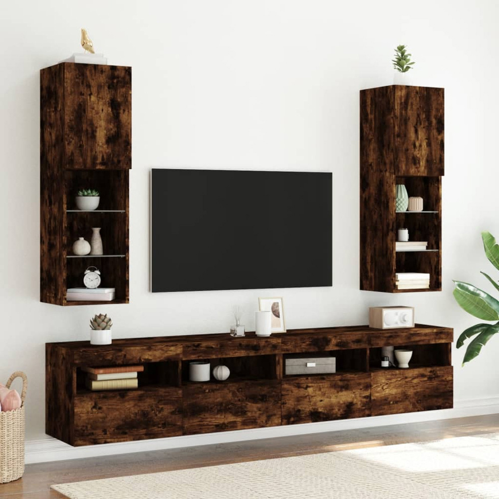 vidaXL Single Door 3 Shelf Smoked Oak Wall Mounted LED TV Cabinet Image 3