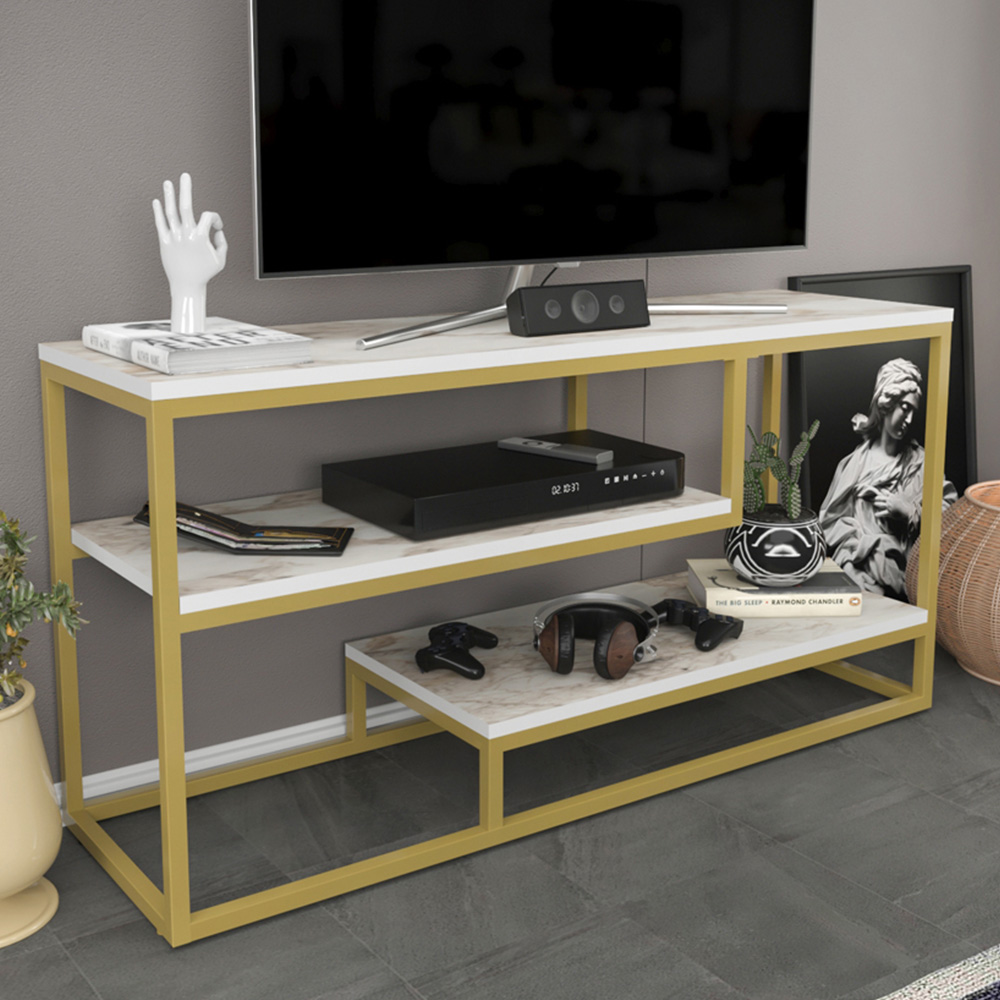 Decorotika Lorin 3 Shelf White Marble and Gold TV Unit Image 1
