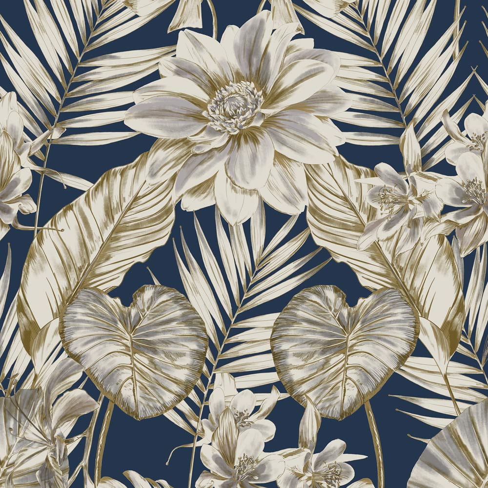 Grandeco Wild Lilies Metallic Smooth Navy Wallpaper Image 1
