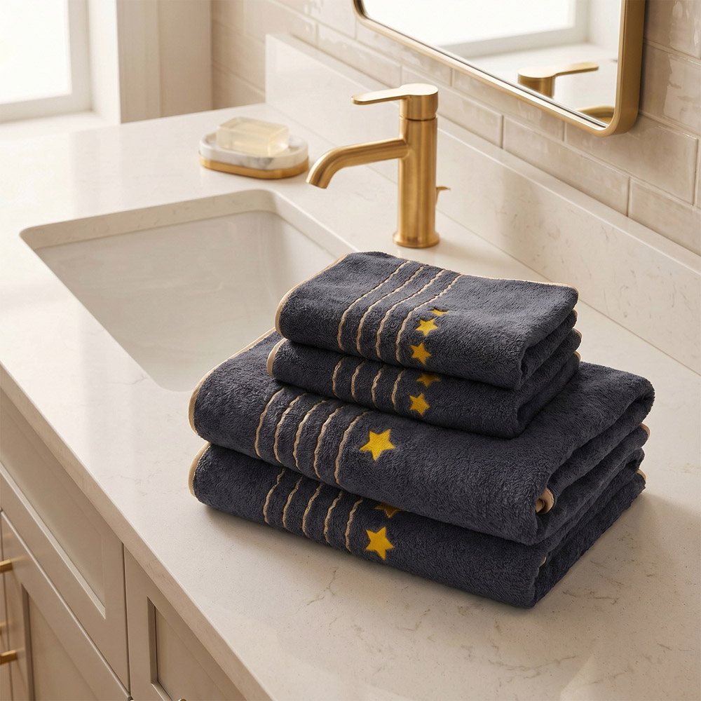 Living and Home Soft Polyester Dark Grey Gold Star Towel Set of 4 Image 7