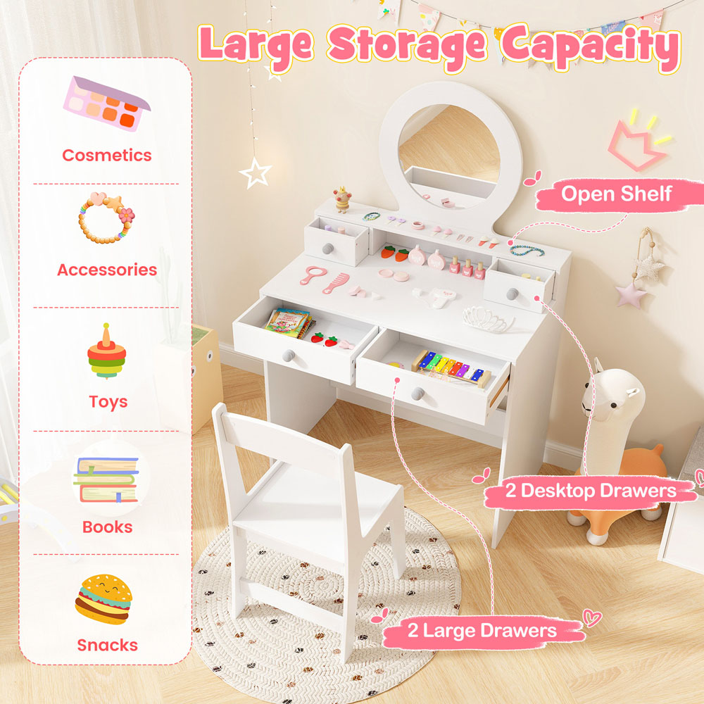 Costway 4 Drawer Single Shelf White Kids Vanity Set Image 8