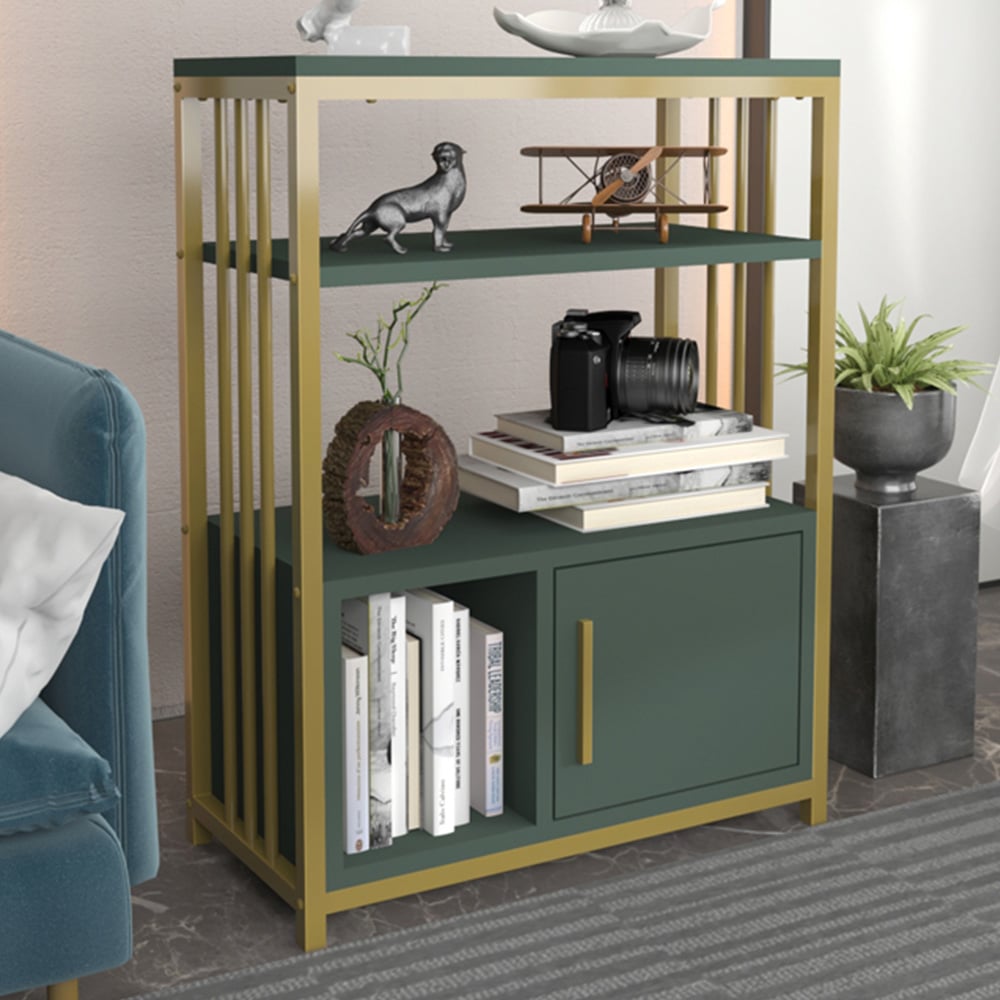Decorotika Letos Single Door 3 Shelf Green and Gold Bookshelf Image 1