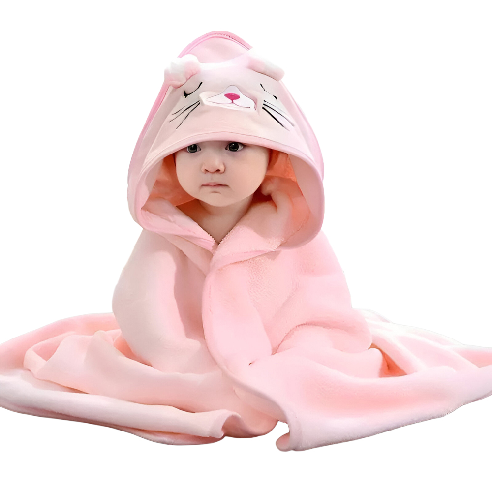Dyzi Pink Animal Cartoon Ultra Soft and Absorbent Baby Hooded Bath Towel Image 1