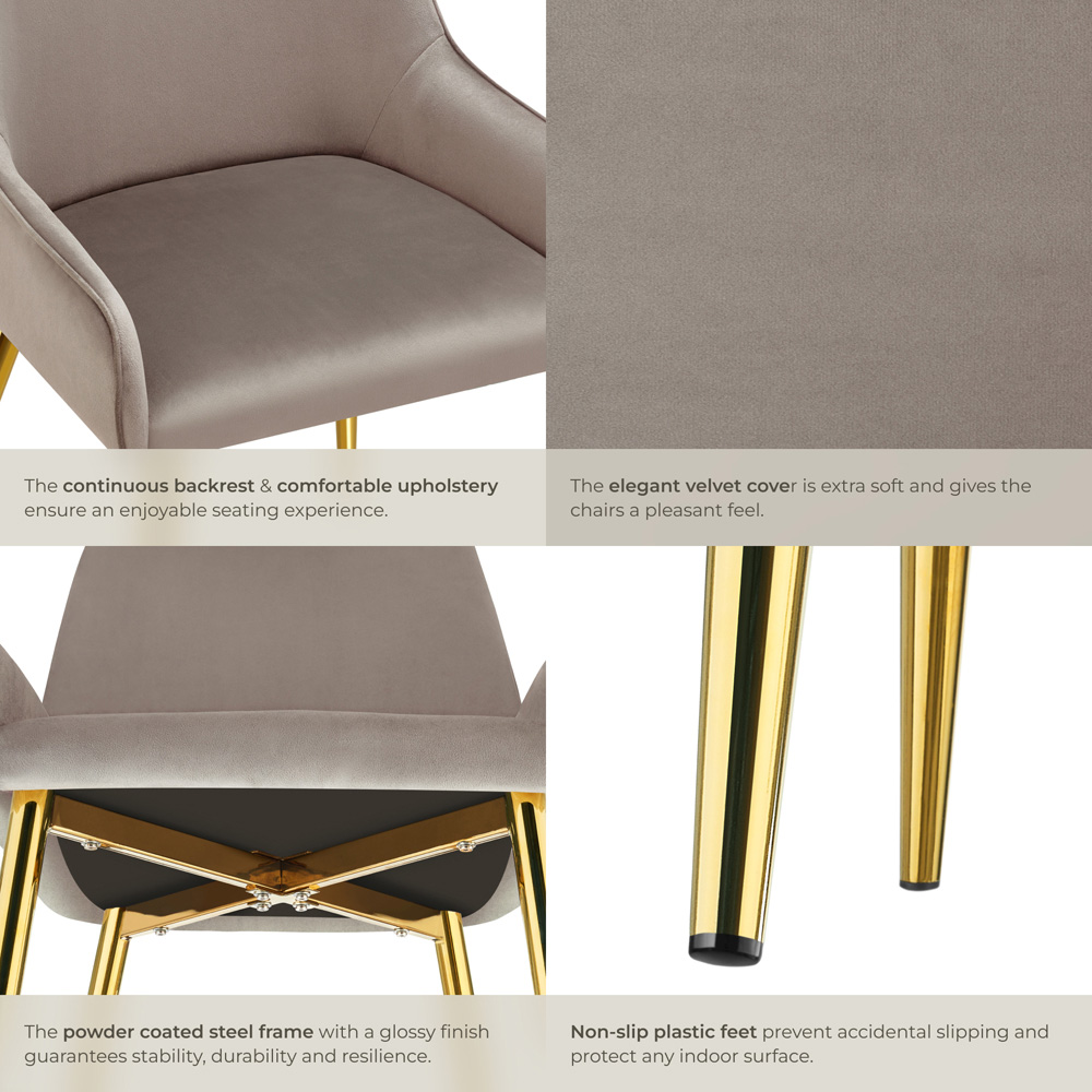 Tectake Avane Set of 4 Taupe Velvet Padded High Backrest Dining Chair Image 5