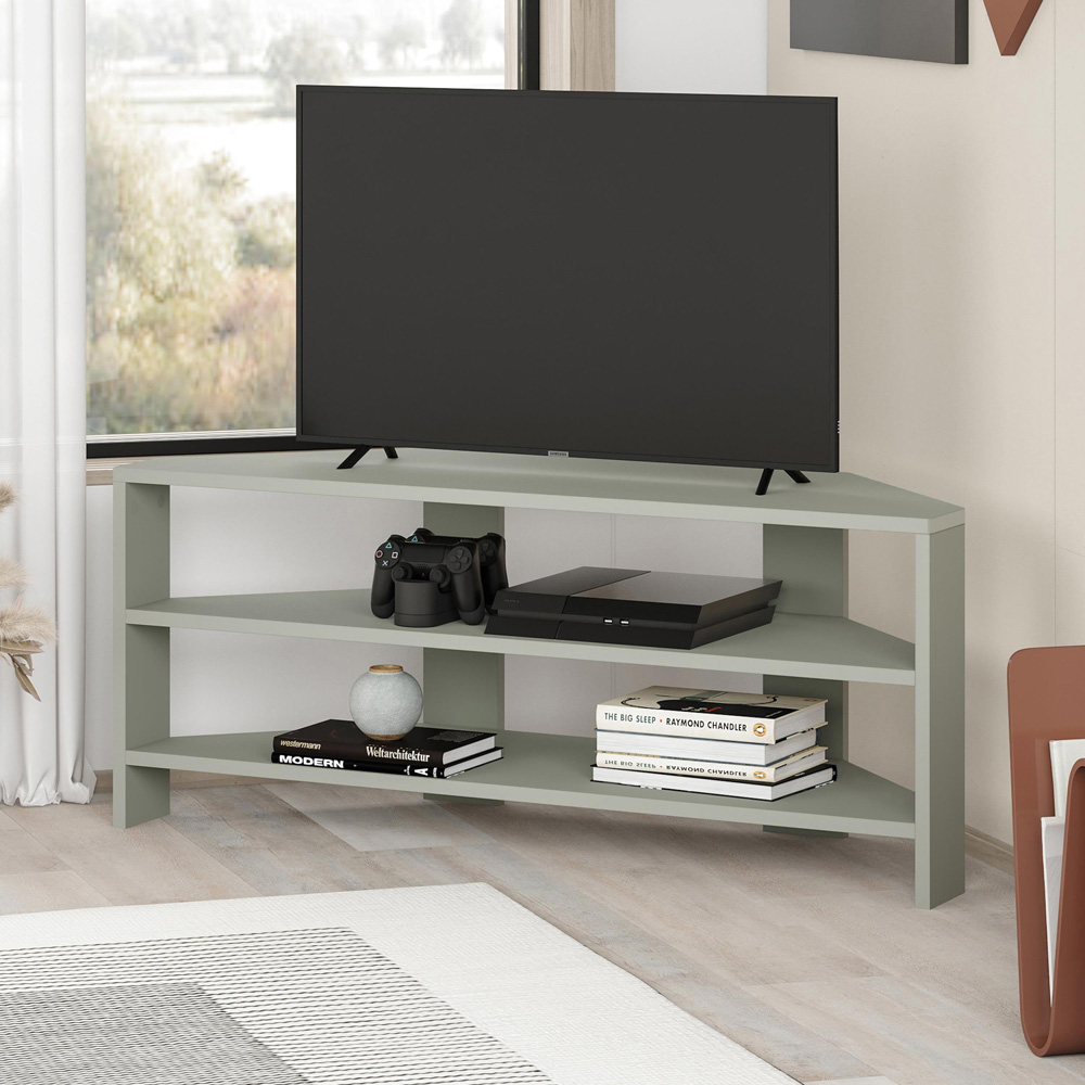 Decortie Thales 2 Shelf Ash Green Corner TV Stand Image 5