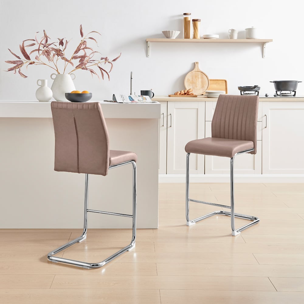 Furniturebox Fontana Cappuccino Beige and Silver Faux Leather Bar Chair Set of 2 Image 8