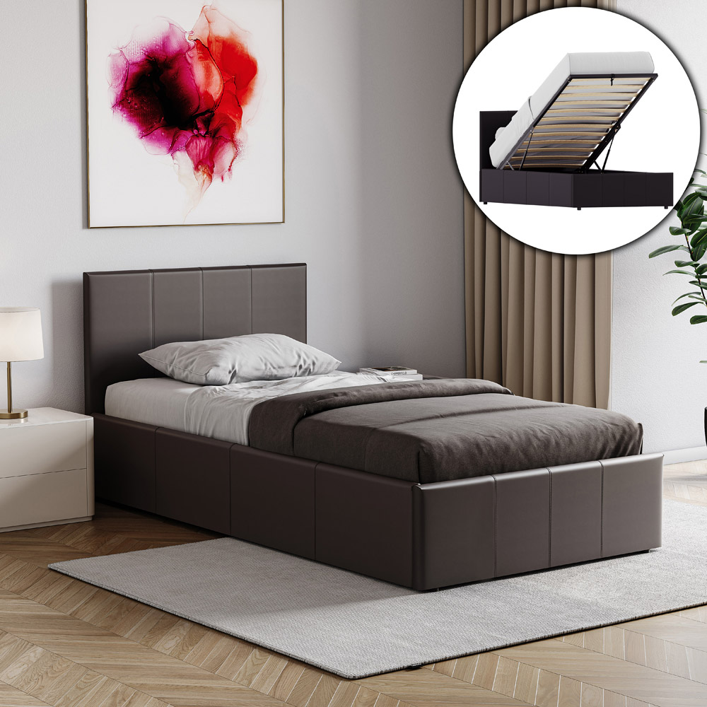 VIDA DESIGNS Lisbon Single Brown Faux Leather Ottoman Bed with Gel Memory Foam Mattress Image 4
