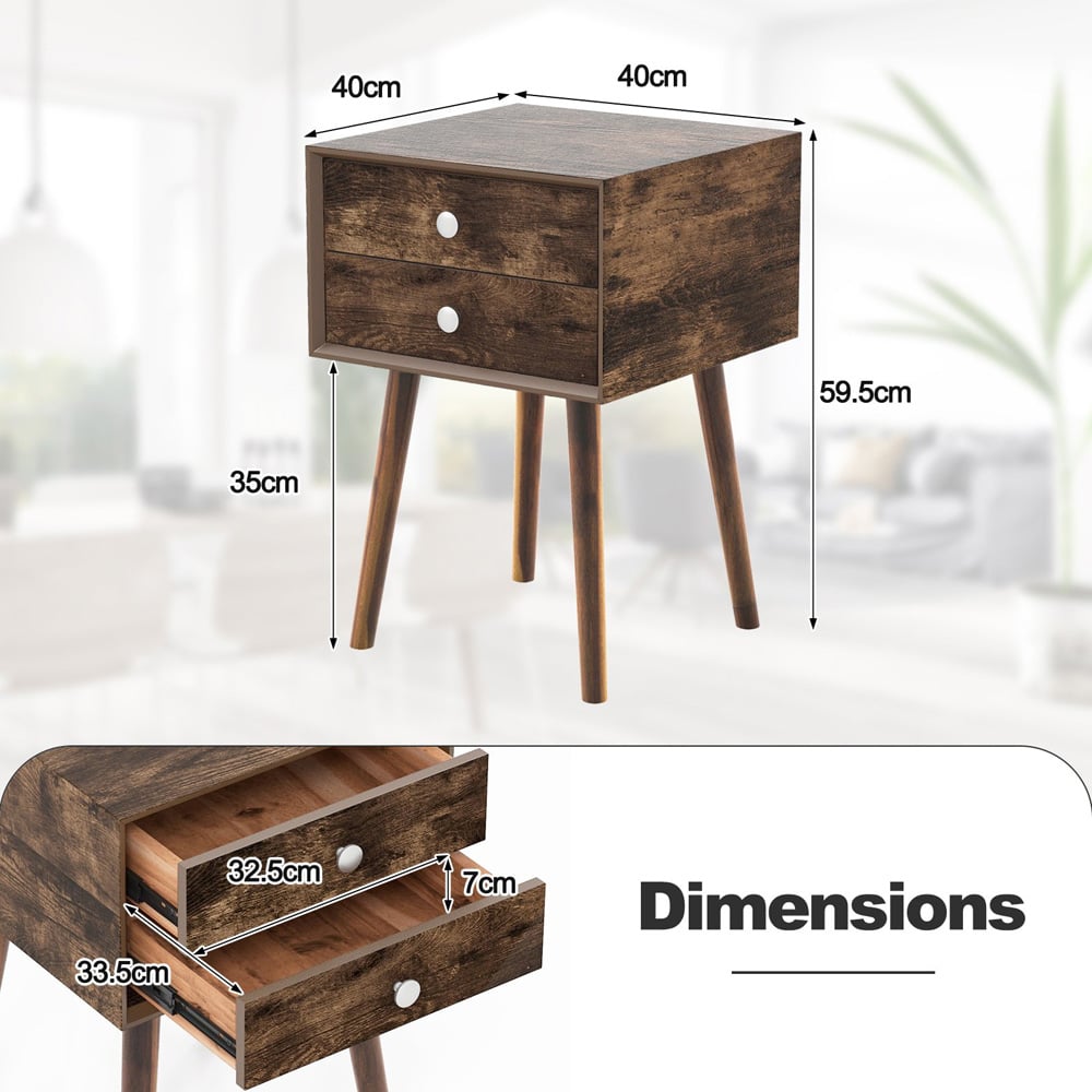 Costway 2 Drawer Rustic Brown Rubber Wood Legs Bedside Table with USB Port Image 9