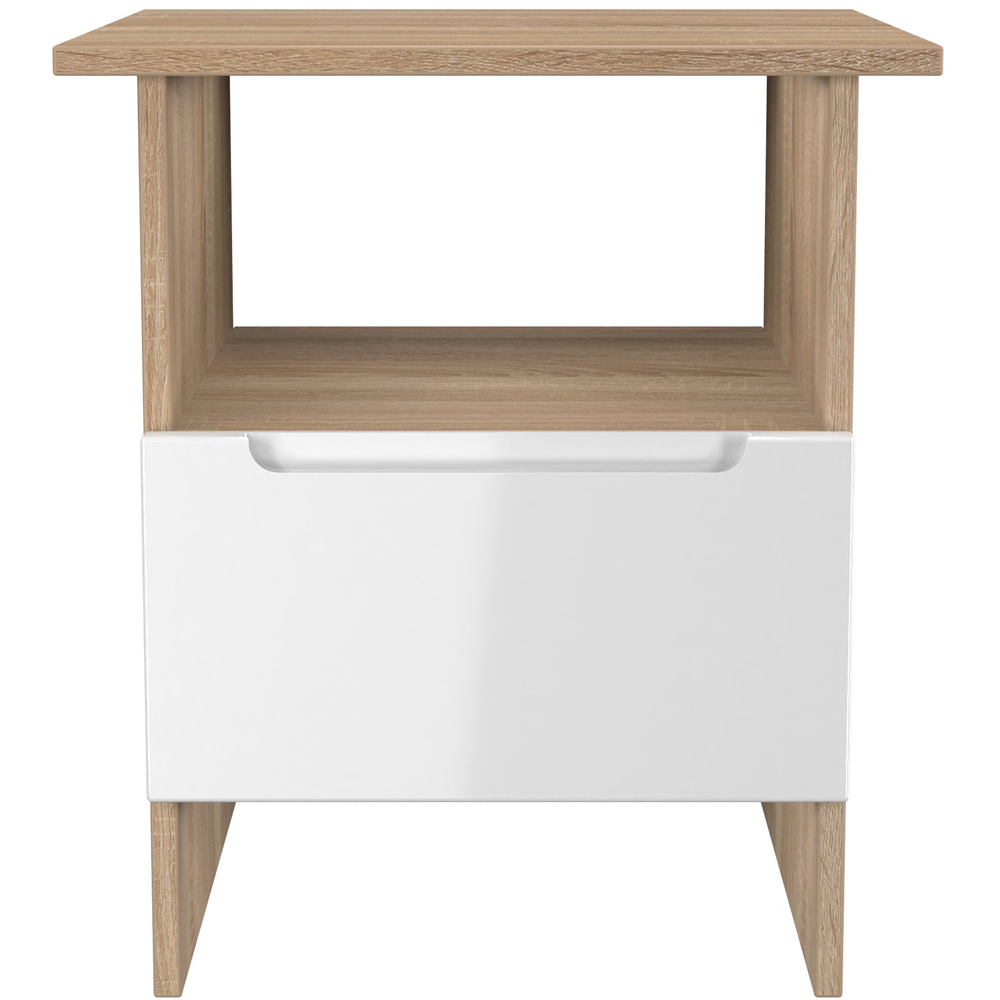 Crowndale Milan Single Drawer Single Shelf White Gloss and Bardolino Oak Lamp Table Ready Assembled Image 2