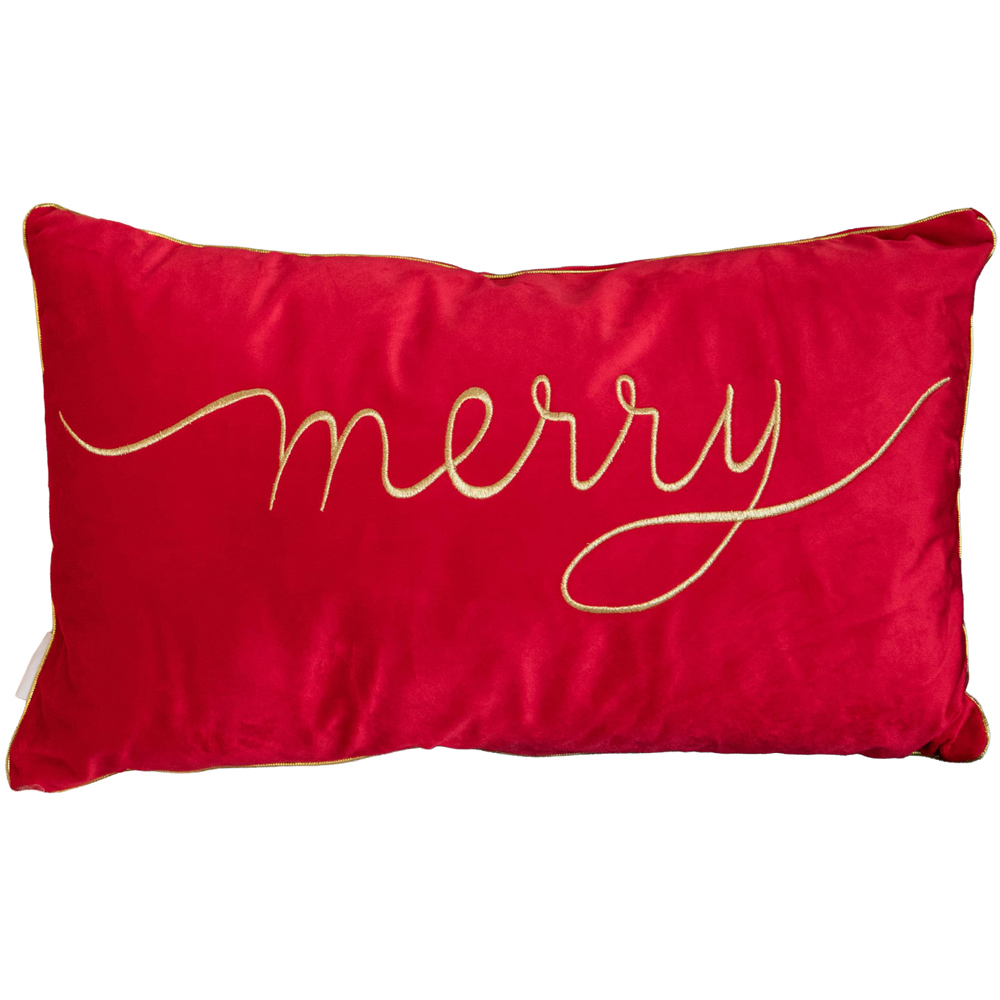 Samuel Alexander Red Merry Christmas Cushion with Gold Lettering and Trim 30 x 49cm Image 1