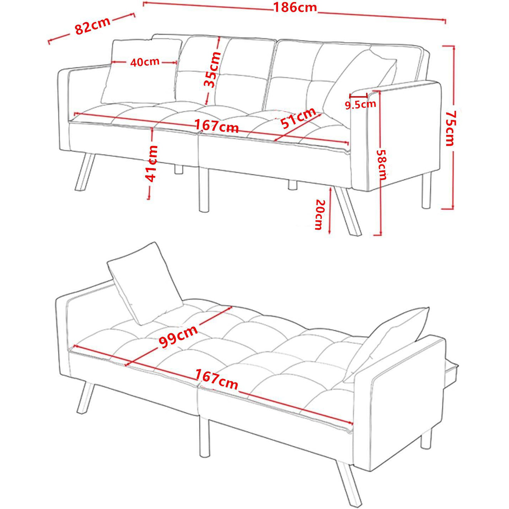 Portland 2 Seater Grey Velvet Sofa Bed with Pillows Image 9