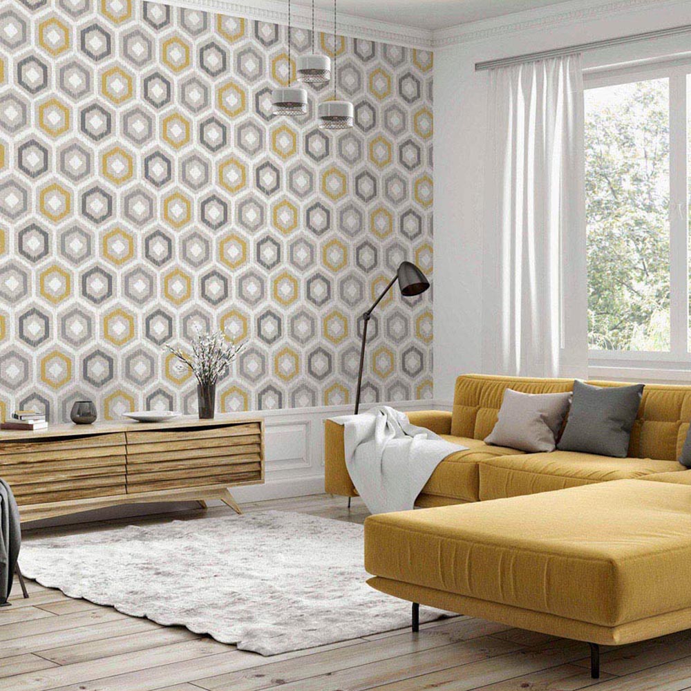 Arthouse Ikat Geo Ochre and Grey Wallpaper Image 7