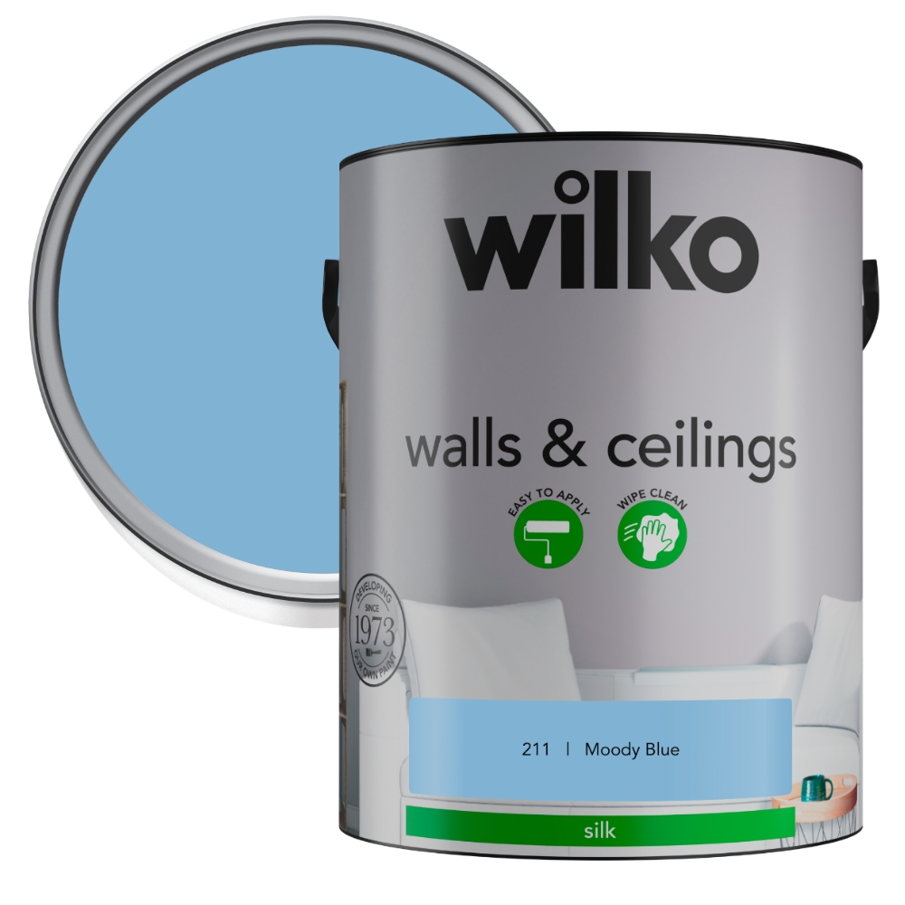 Wilko Walls & Ceilings Moody Blue Silk Emulsion Paint 5L Image 1