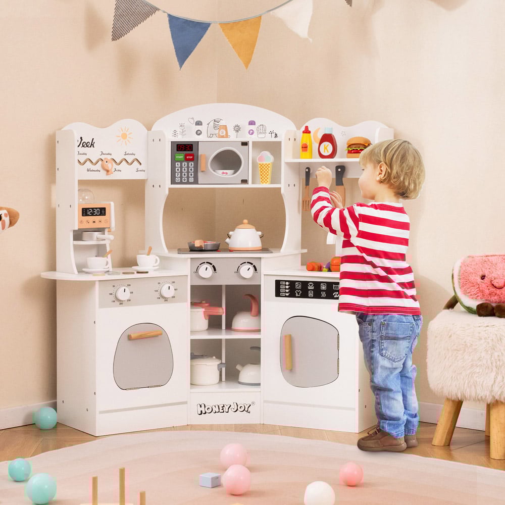 Costway White Kids Corner Wooden Play Kitchen Image 3