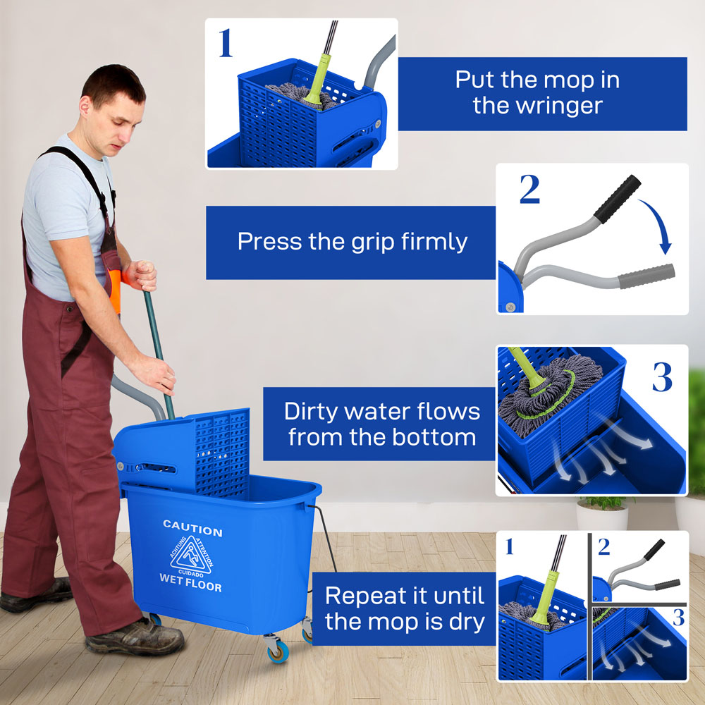 HOMCOM Blue Wringer Handle Mop and Bucket Set on Wheels 20L Image 6