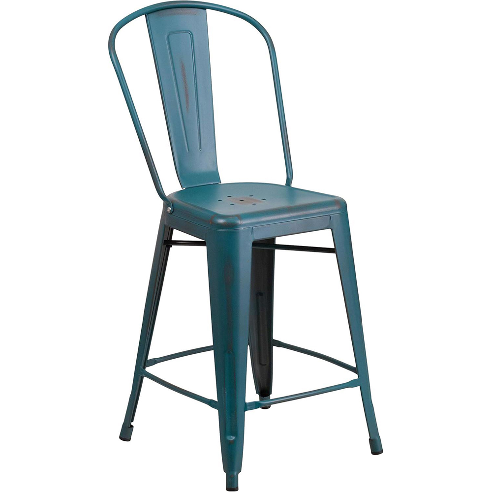 FWStyle Set of 4 Blue Teal Distressed Steel Bar Stool Image 3