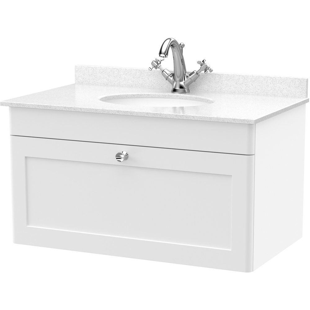 nuie Classique Single Drawer Satin White Wall Hung Unit and 1 Tap Hole Marble Basin 800mm Image 1