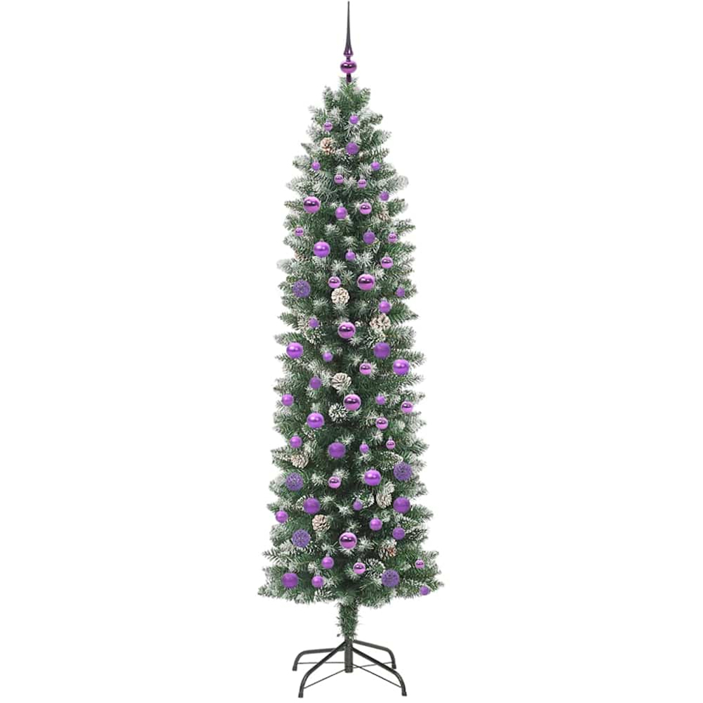 vidaXL Pre-Lit Warm White LED and Lilac Baubles Green Slim Artificial Christmas Tree 7ft Image 2