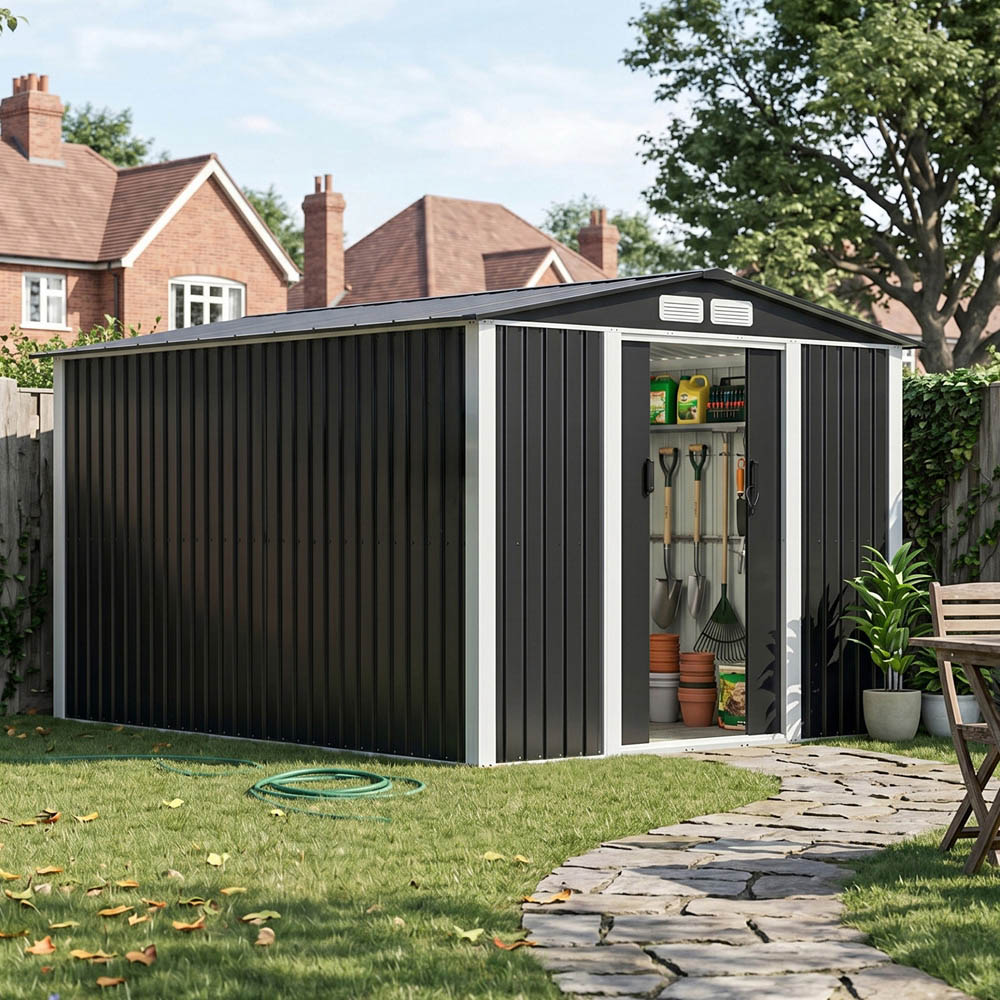 Living and Home 8 x 10ft Black Metal Apex Garden Storage Shed Image 2