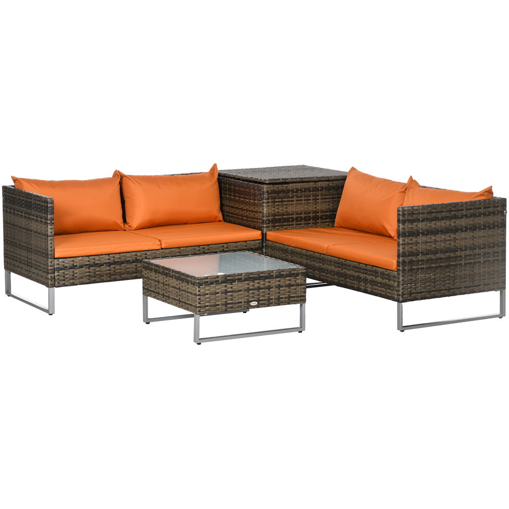 Outsunny 4 Seater Orange Cushion Rattan Garden Lounge Set with Storage Table Image 2
