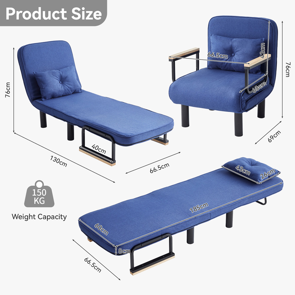 Single Seater Blue 4-in-1 Foldable Sofa Bed with Adjustable Backrest and Large Cushion Image 7