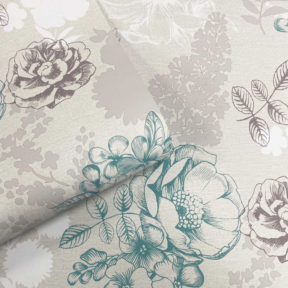 Muriva Mila Floral Chocolate and Teal Wallpaper Image 2