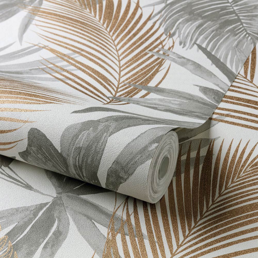 Grandeco Wild Palm Metallic Grey and Copper Textured Wallpaper Image 2