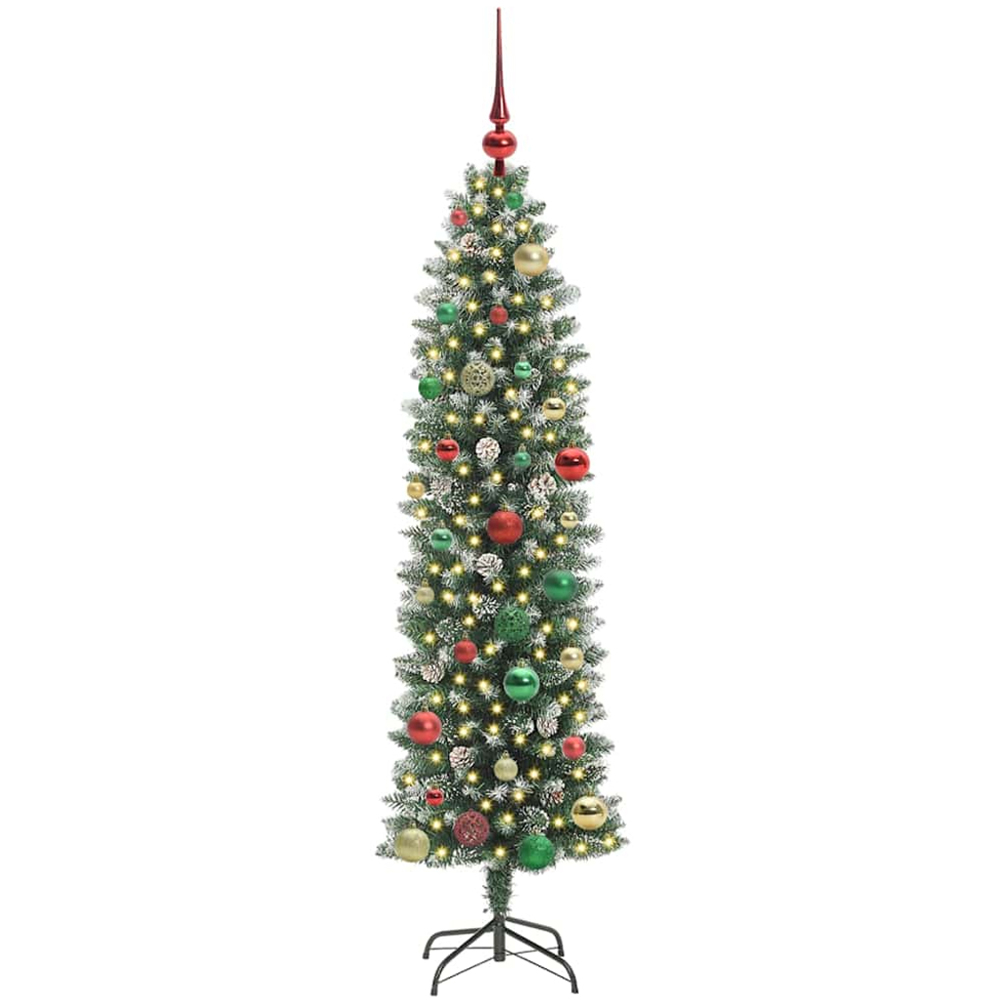 vidaXL Pre-Lit Warm White LED and Multicolour Baubles Green Slim Artificial Christmas Tree 5ft Image 2