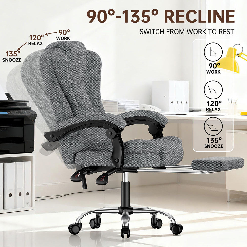 Rattrix Grey PU Leather Reclining Swivel Office Chair with Footrest and Lumbar Support Image 3