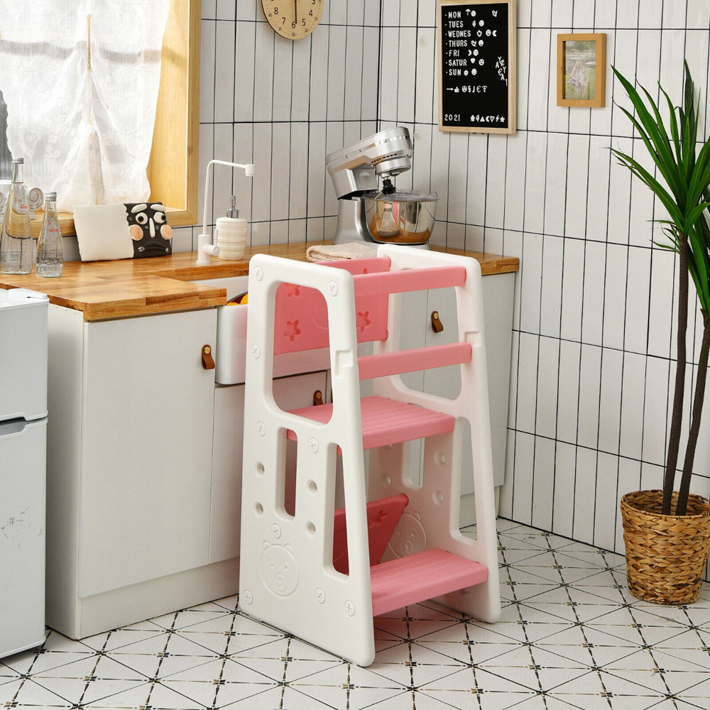 Costway Kids Pink Kitchen Step Stool with Safety Rails Image 4