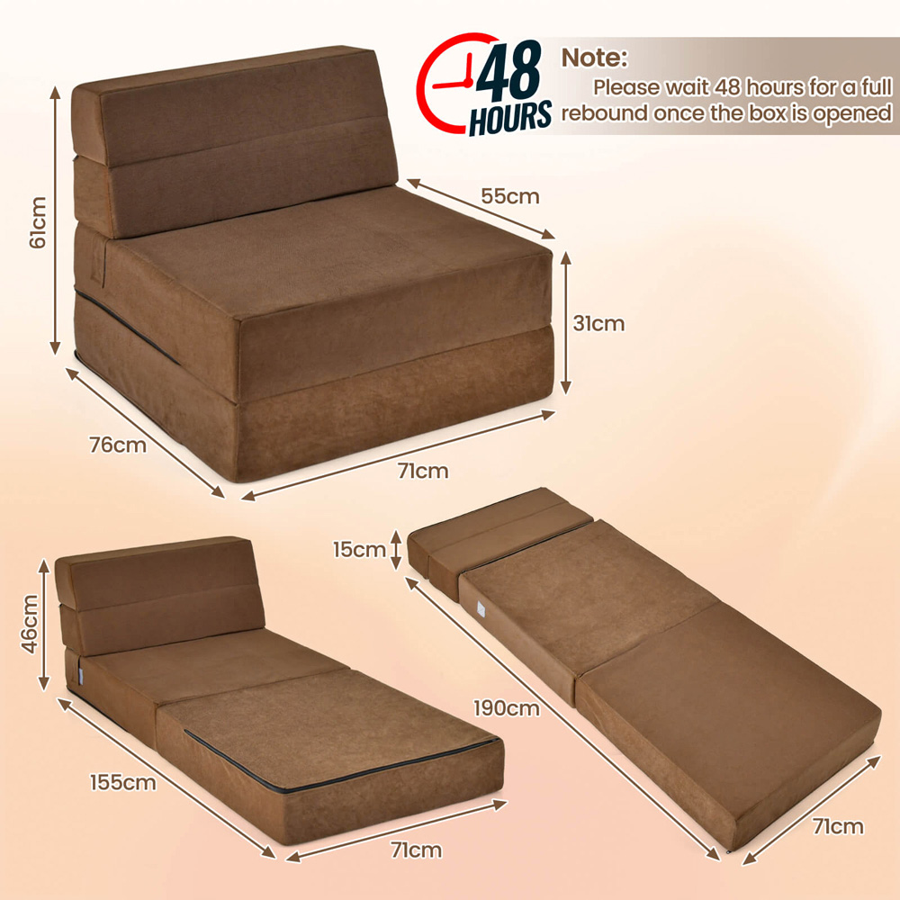 Costway Single Seater Brown Tri Folding Convertible Sofa Bed Image 9