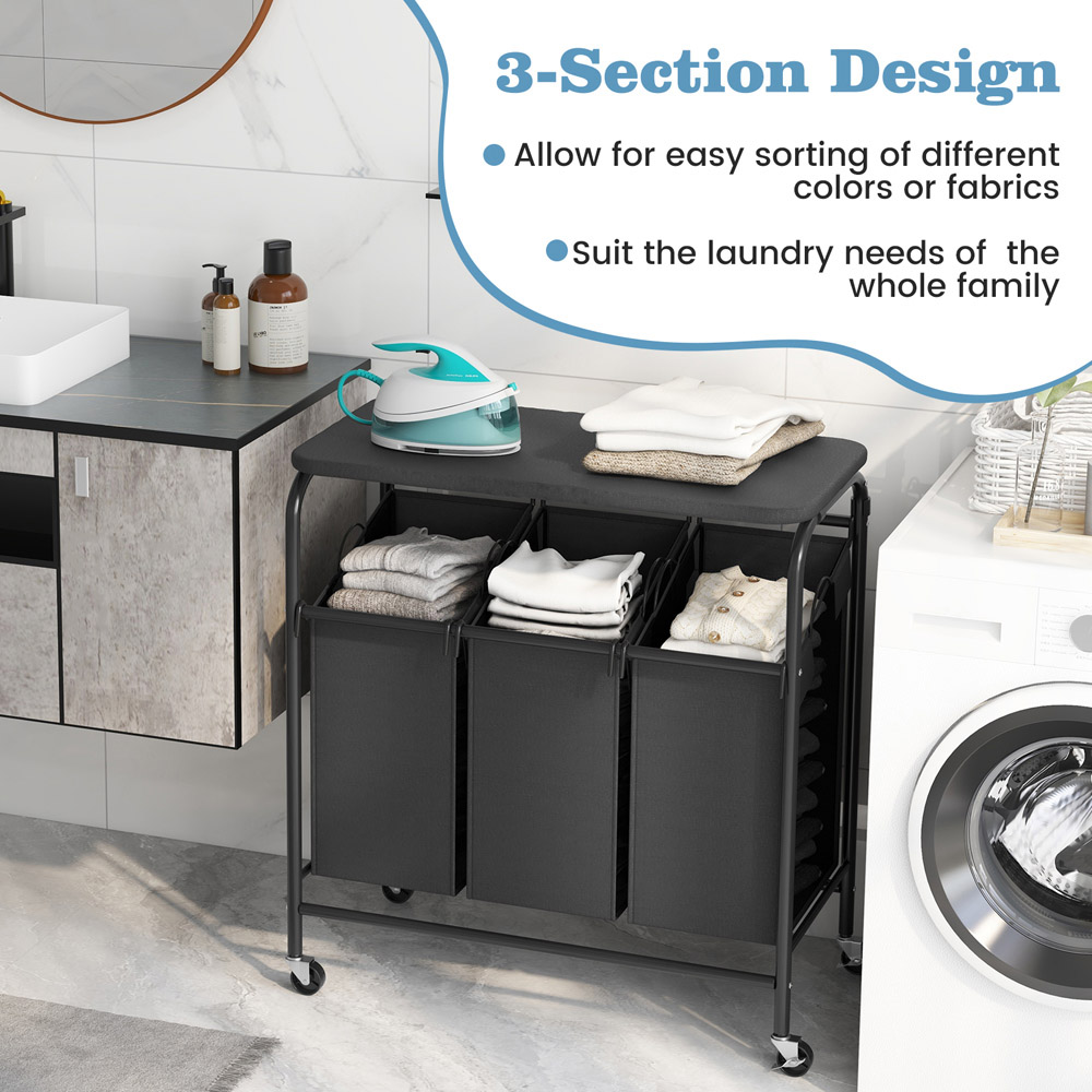 Costway Triple Rolling Grey Heavy Duty Laundry Sorter with Foldable Ironing Board Image 5