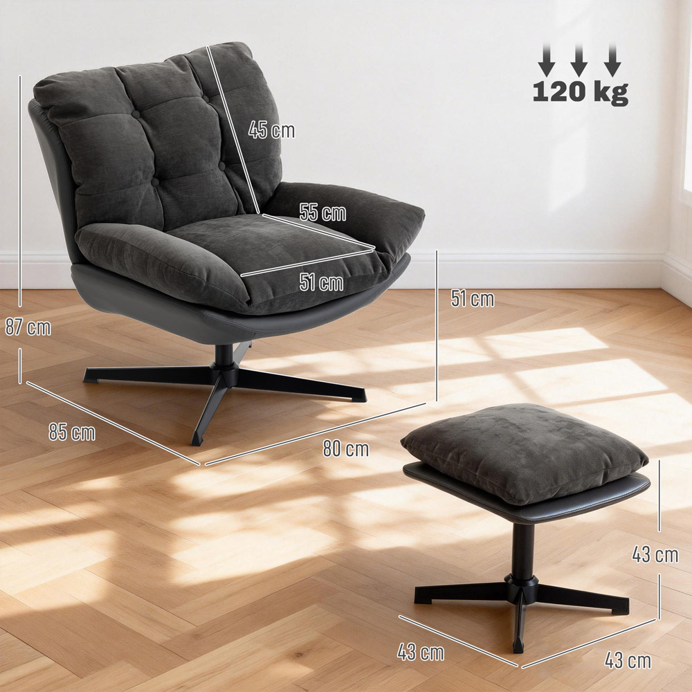 Portland Dark Grey Chenille Swivel Accent Chair with Footstool Image 9