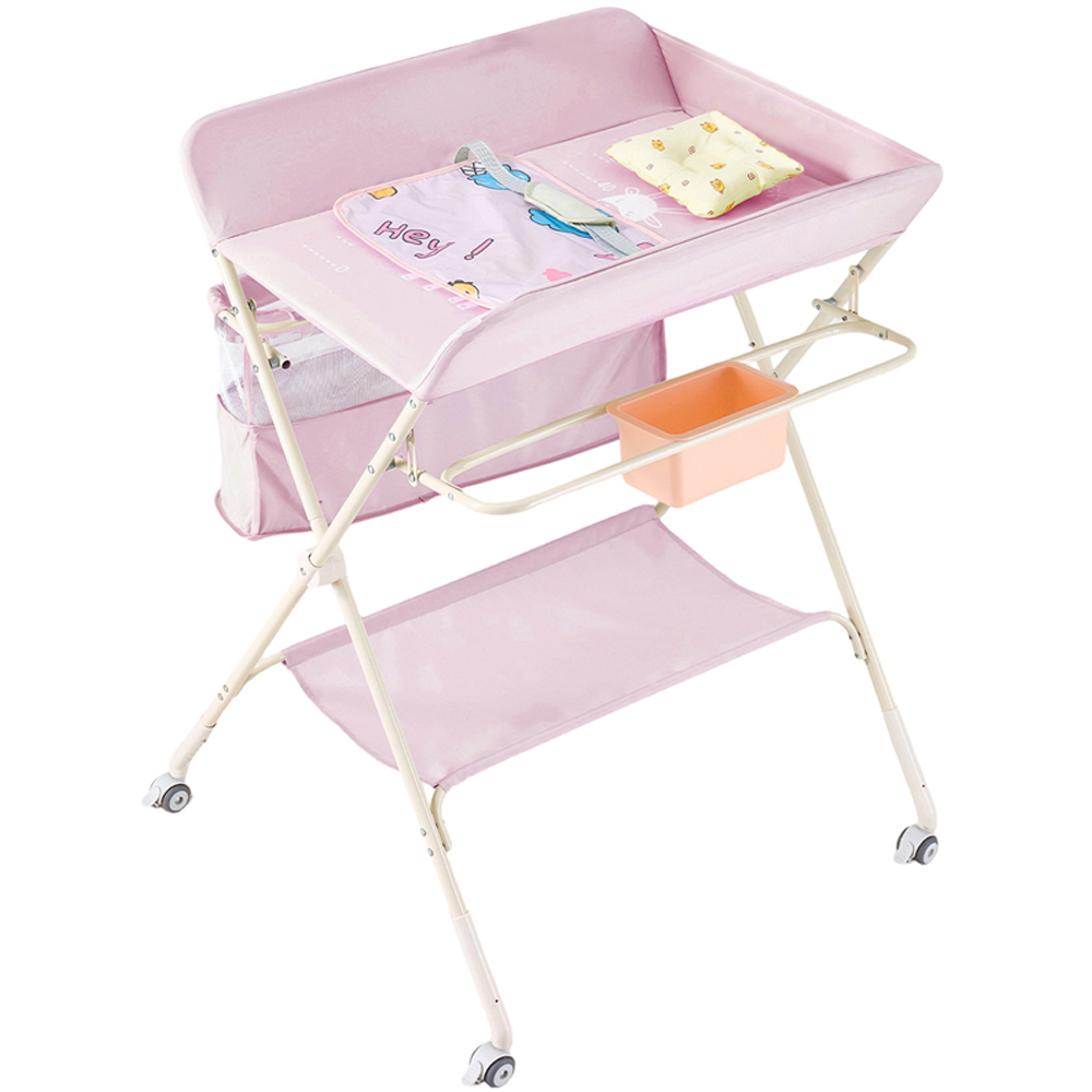 H&O Direct Pink Folding Baby Diaper Changing Table with Wheels Image 1