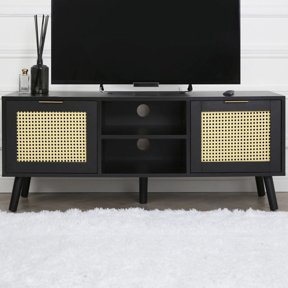 Craven 2 Door 2 Shelf Black TV Unit with Cane Front Image 1