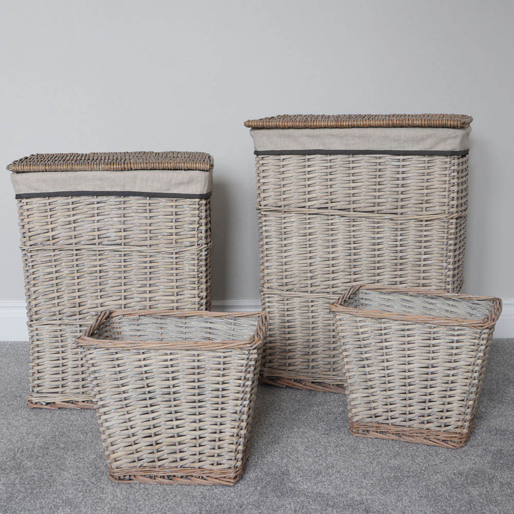 JVL 4 Piece Arianna Grey Rectangular Willow Laundry and Waste Paper Basket Set Image 2