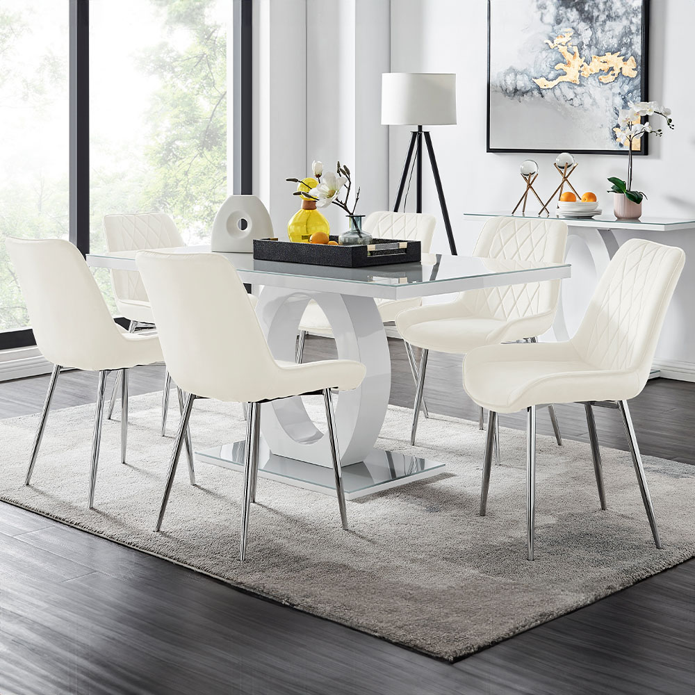Furniturebox Lucia Cesano 6 Seater Dining Set Grey Gloss Cream and Chrome Image 1