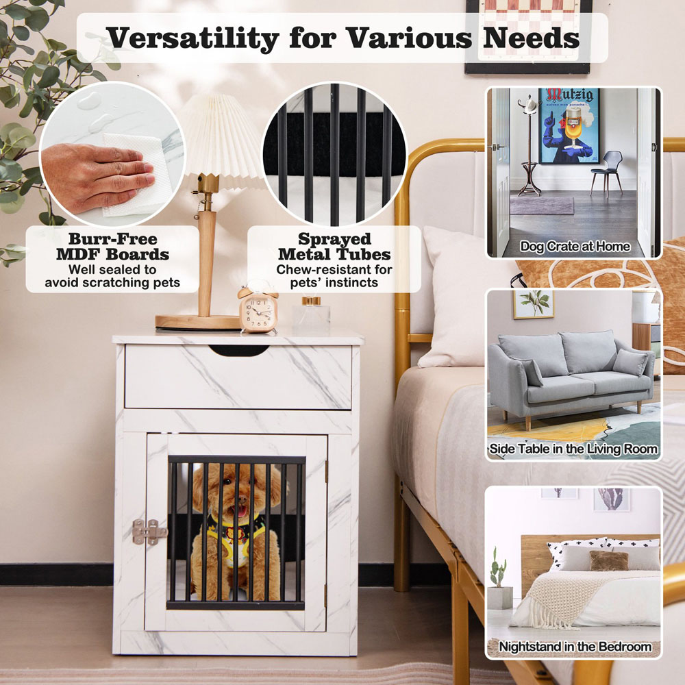 Costway Single Drawer White Dog Crate Side Table with Charger Image 6