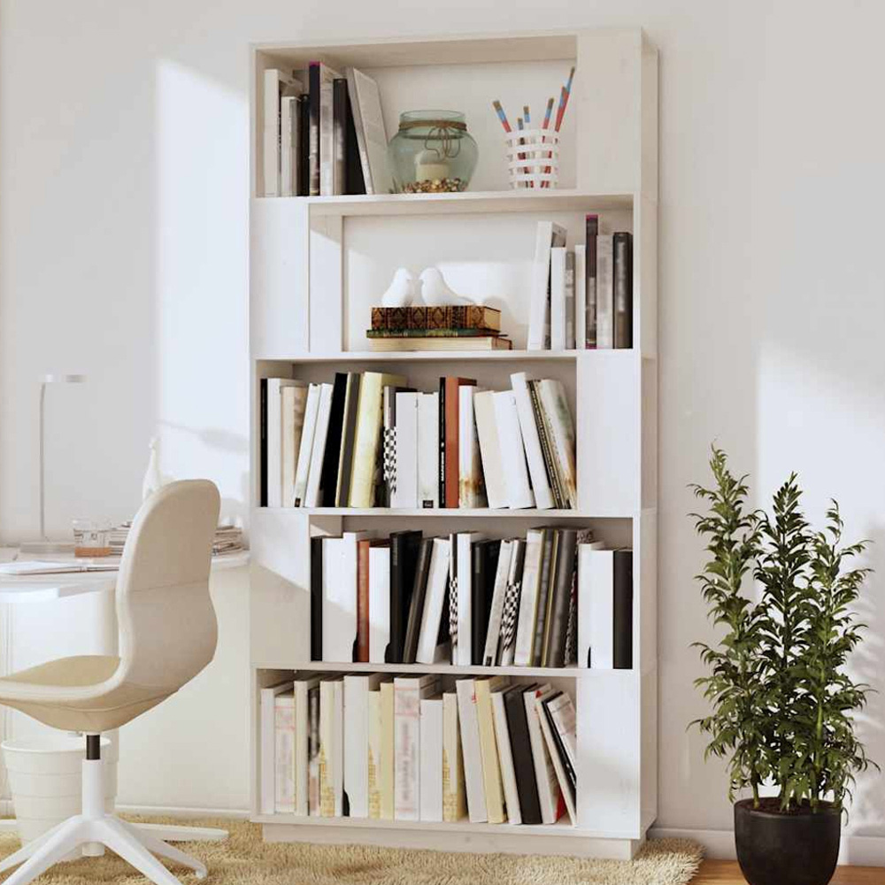vidaXL 5 Shelf White Solid Pine Wood Bookcase Image 1
