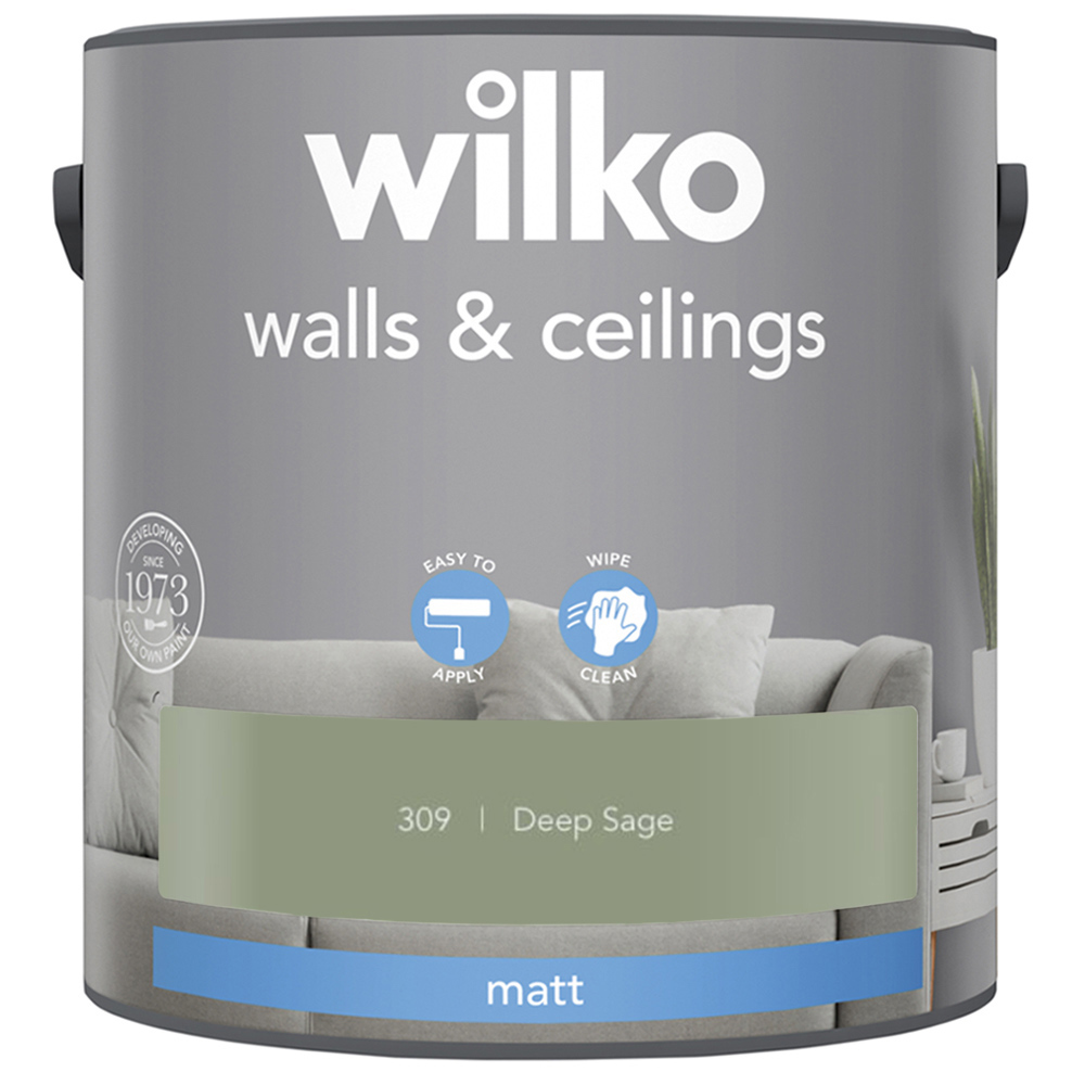 Wilko Walls & Ceilings Deep Sage Matt Emulsion Paint 2.5L Image 2