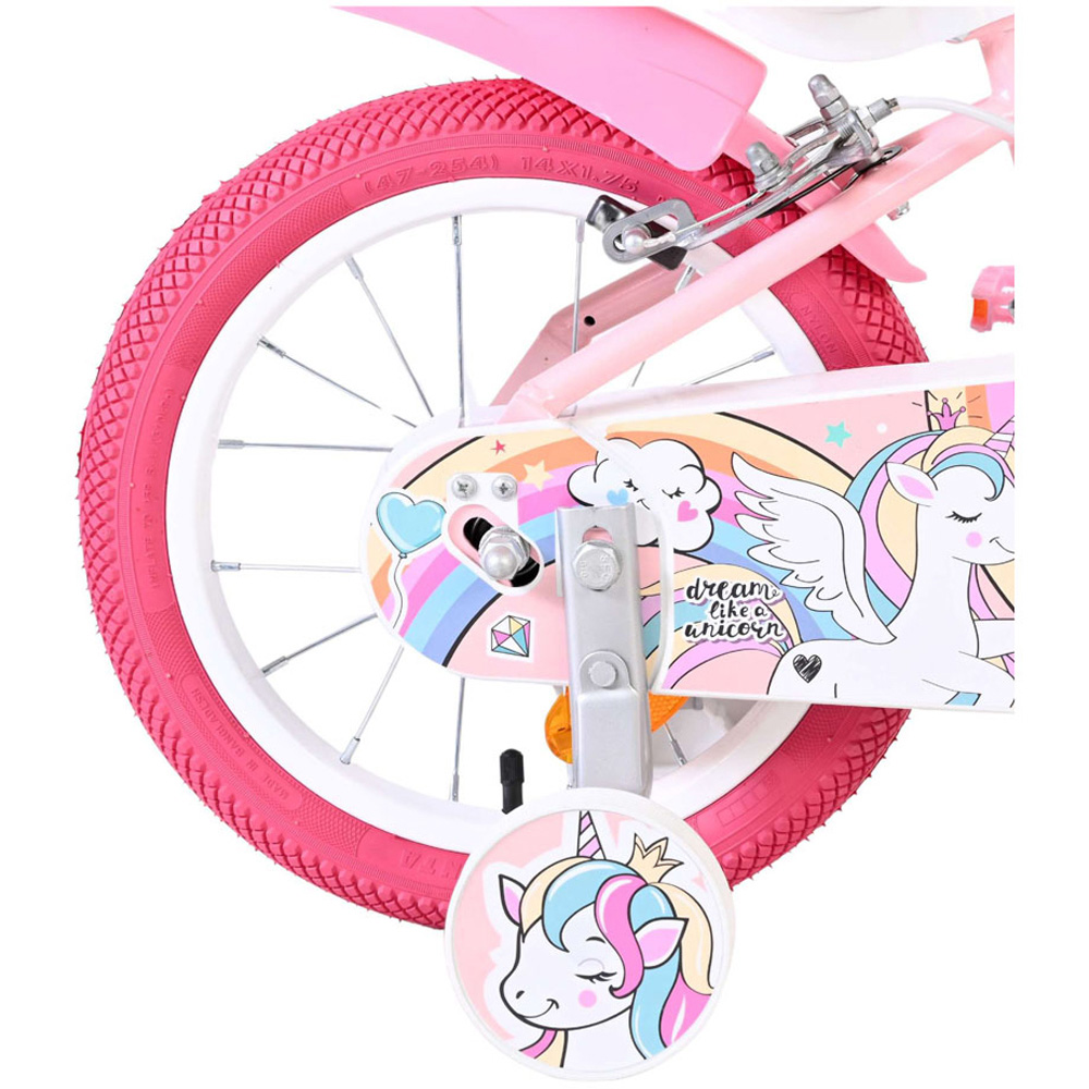 Volare Unicorn Kids 14 inch Pink Bike with Stabilisers Doll Seat and Basket Image 7