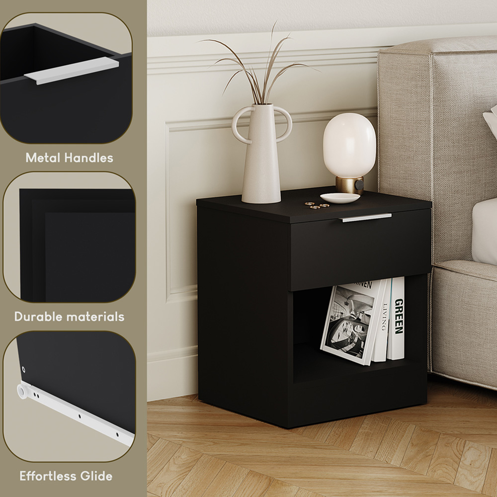 VIDA DESIGNS Trega Single Drawer Single Shelf Black Bedside Cabinet Set of 2 Image 6