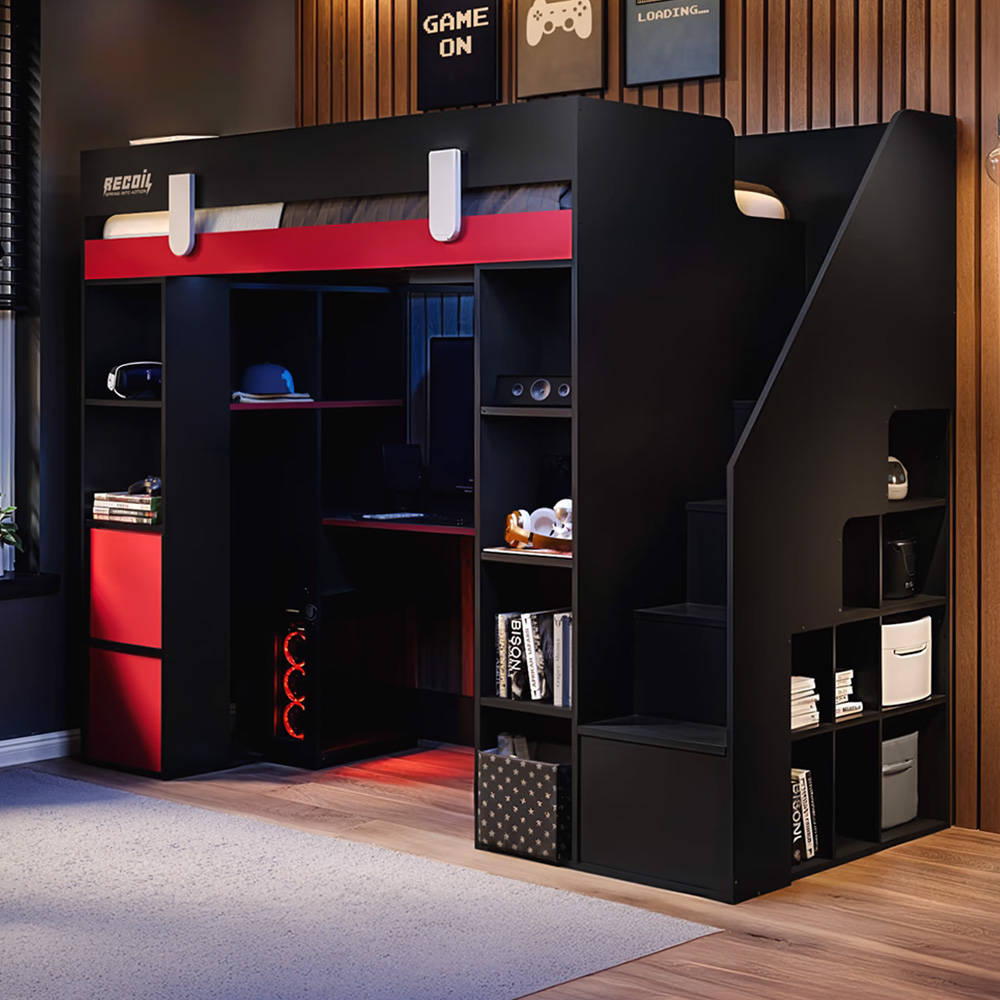 Flair Blaze Black and Red Staircase Gaming High Sleeper with Storage Image 1