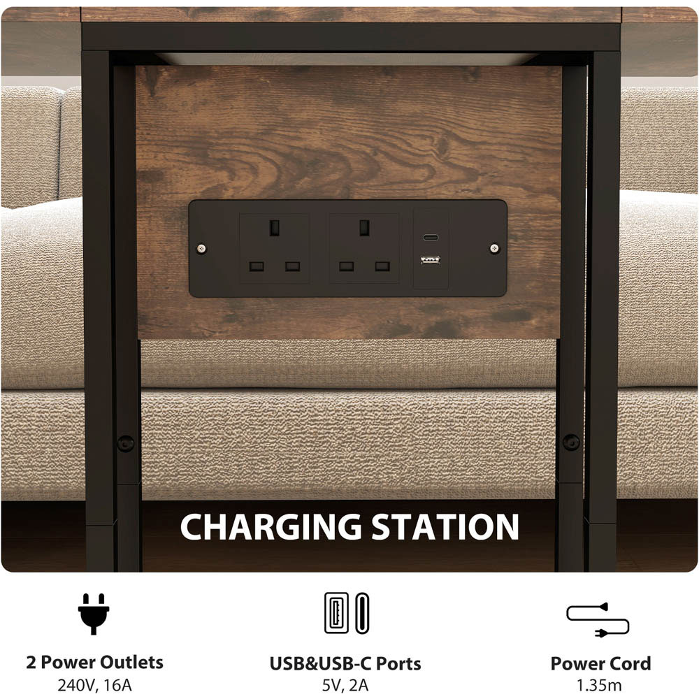 Portland Rustic Brown C Shaped Foldable Top Side Table with Charging Station Image 6