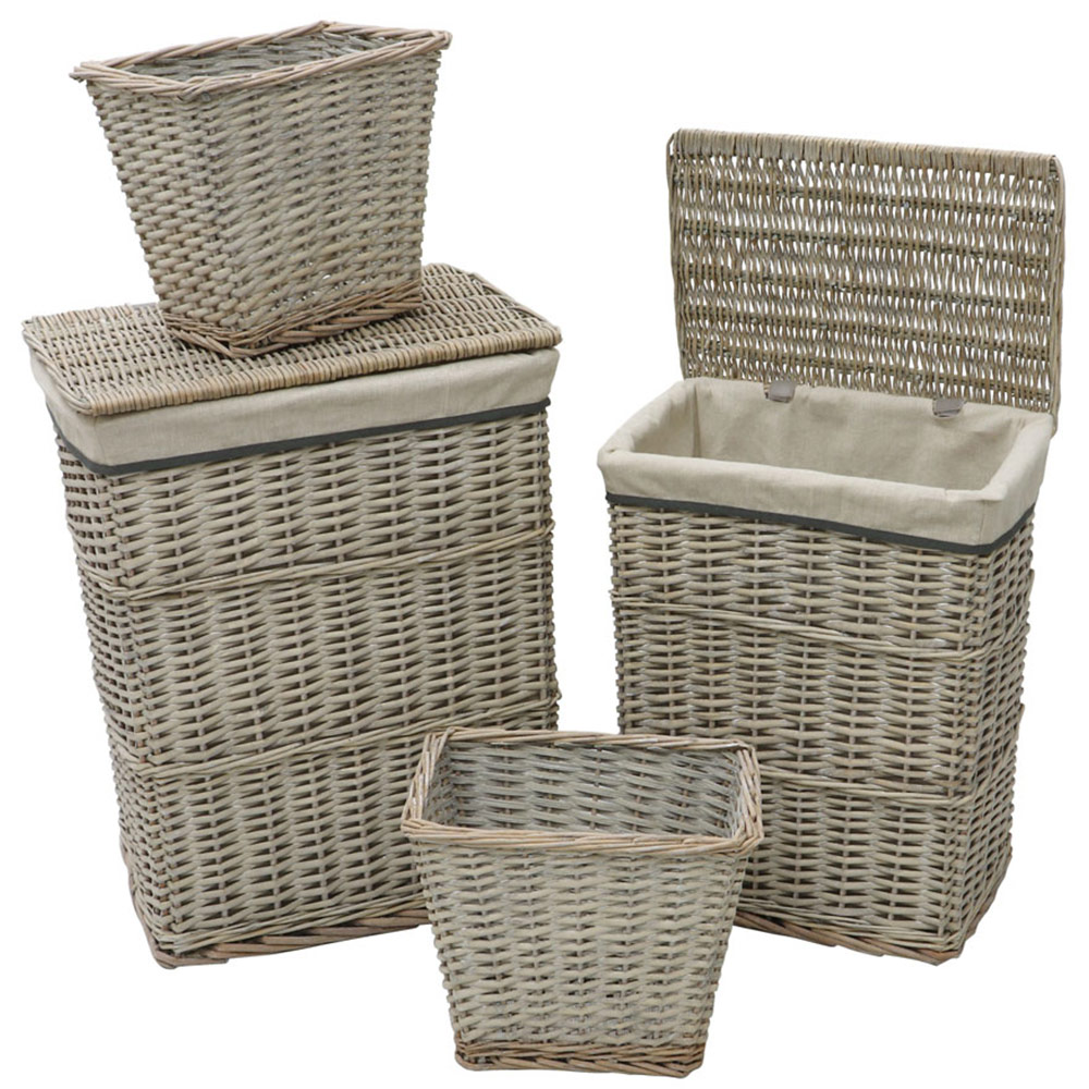 JVL 4 Piece Arianna Grey Rectangular Willow Laundry and Waste Paper Basket Set Image 1