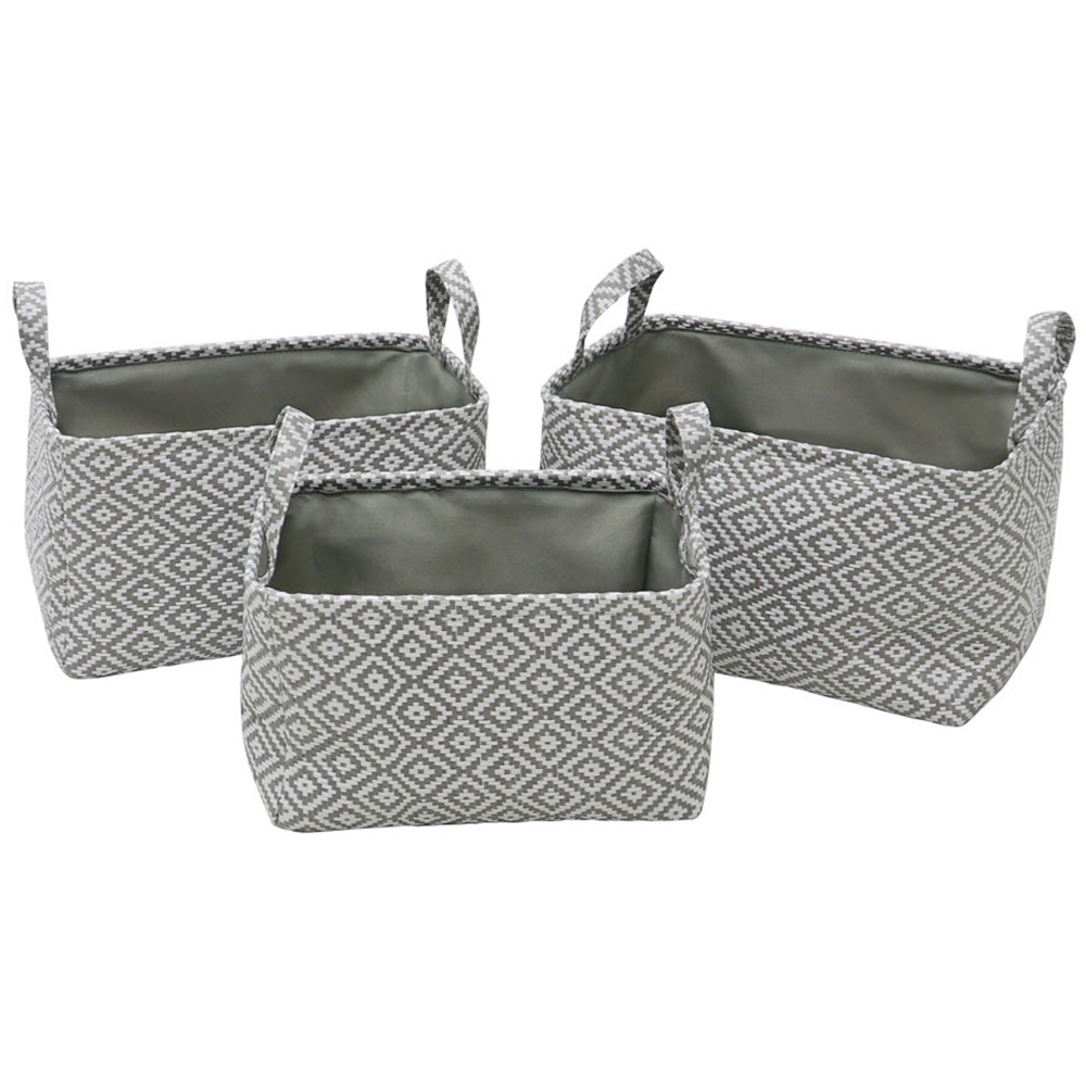 JVL Argyle Grey Rectangular Paper Storage Baskets with Handles 3 Pack Image 1